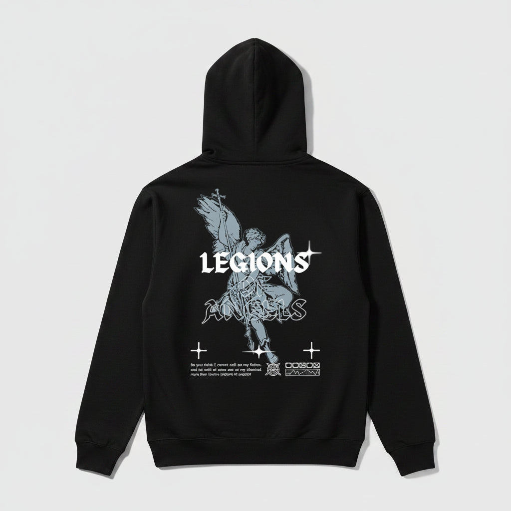 A black pullover hoodie featuring a large white graphic print on the back. The design shows a winged angel figure with a sword and shield, the word 'LEGIONS' in a bold gothic font, 'ANGELS' below it in a stylized outline, and small gothic text and symbols underneath.