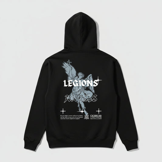 A black pullover hoodie featuring a large white graphic print on the back. The design shows a winged angel figure with a sword and shield, the word 'LEGIONS' in a bold gothic font, 'ANGELS' below it in a stylized outline, and small gothic text and symbols underneath.