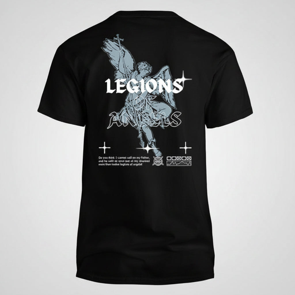 Black short-sleeve t-shirt shown from the back, featuring a large white graphic of a winged angel with the word 'LEGIONS' and additional white text and symbols printed on the back.