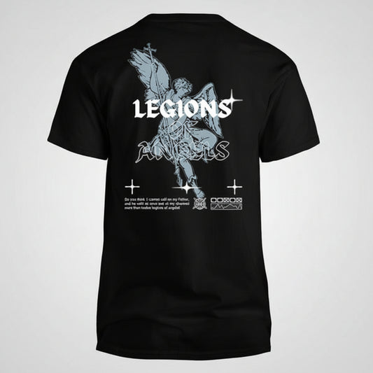 Black short-sleeve t-shirt shown from the back, featuring a large white graphic of a winged angel with the word 'LEGIONS' and additional white text and symbols printed on the back.